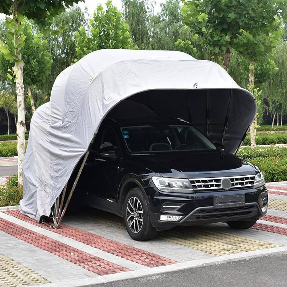 autozelt-388vfl-1.jpg Autozelt, tragbar, aus rostfreiem Stahl, halbautomatisch, faltbar, mobiler Carport, grauer Vordach, regenfeste Garage, Autoabdeckung für Autos, Limousinen, im Freien. : Amazon.de: Garten – Bild 1