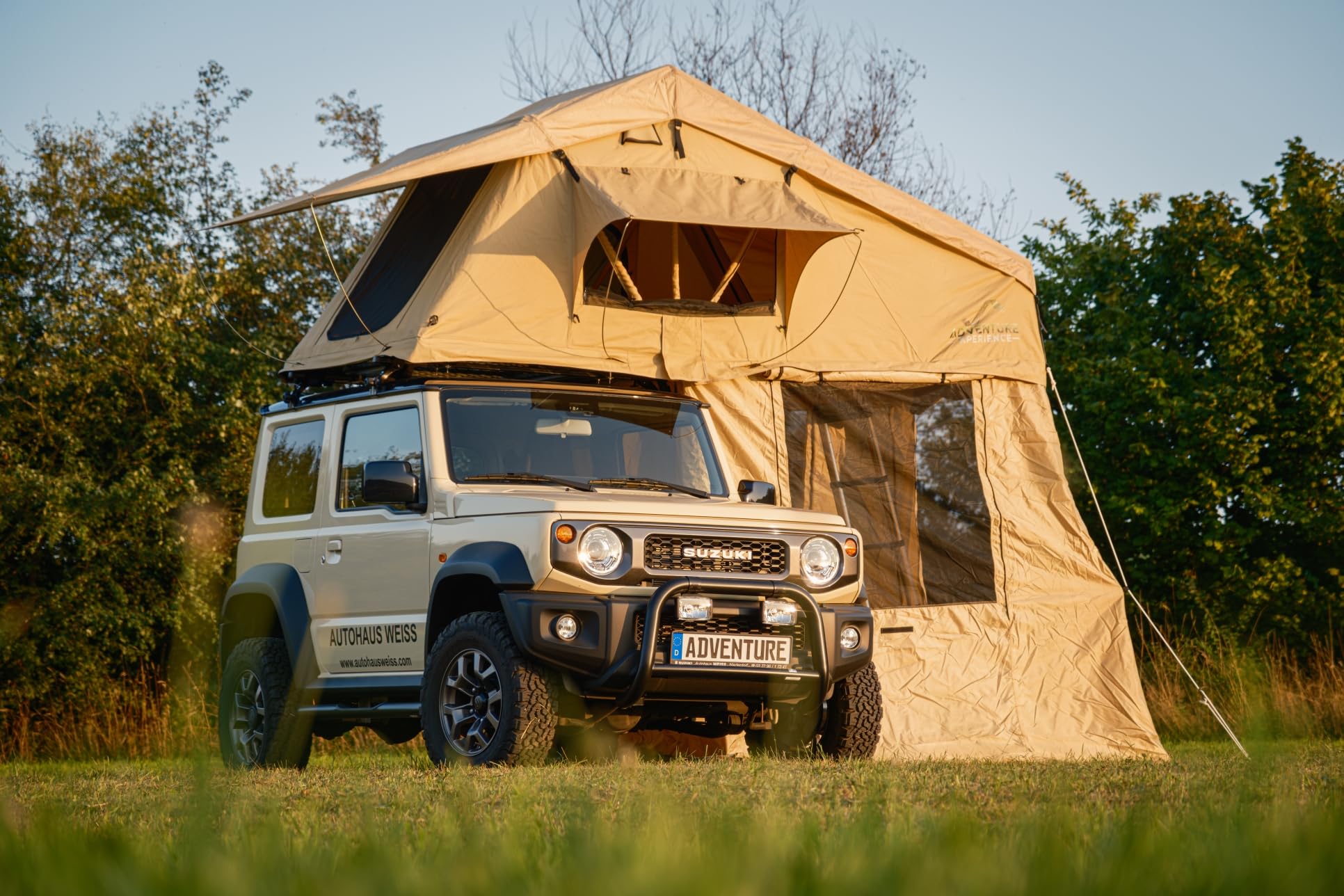 dachzelt-mit-vorzelt-518jqc-1.jpg Adventure Xperience Auto Dachzelt mit Vorzelt 160x240cm für 3 4 Personen – Vorzelt höhenverstellbar – inkl. Komfort Matratze – Regenfest 5000mm ... – Bild 1
