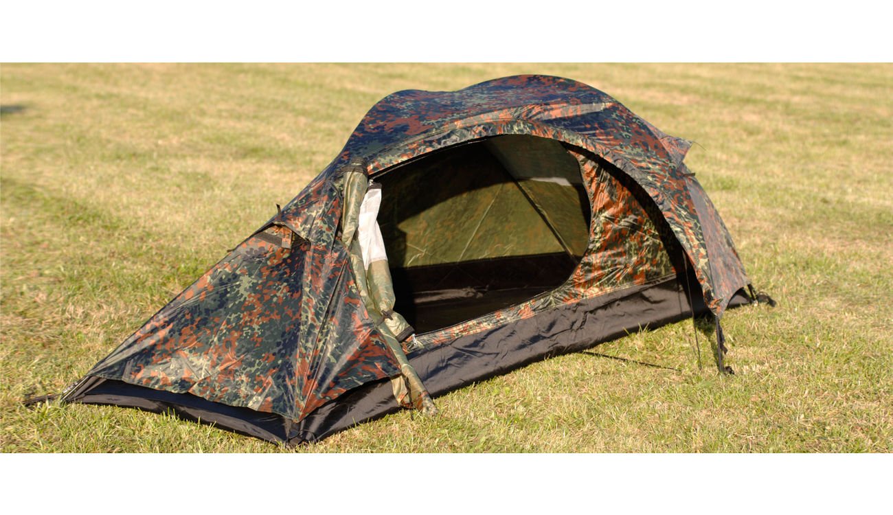 einmannzelt-563rkq-1.jpg Mil Tec Recom Einmannzelt Flecktarn leichtes Trekkingzelt 1 Person Tarnzelt Outdoor Camping Bushcraft – Bild 1
