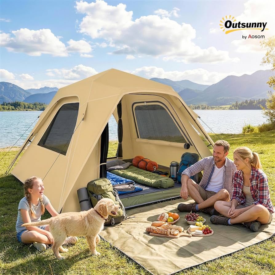 familienzelt-121kho-1.jpg Outsunny Instant Pop Up Zelt mit Regenschutz Outdoor Familienzelt Khaki | Für 2 3 Personen, Wasserdicht, Kuppelzelt, 2 Türen, 2 Fenstern, Tragetasche : Amazon.de: Sport & Freizeit – Bild 1