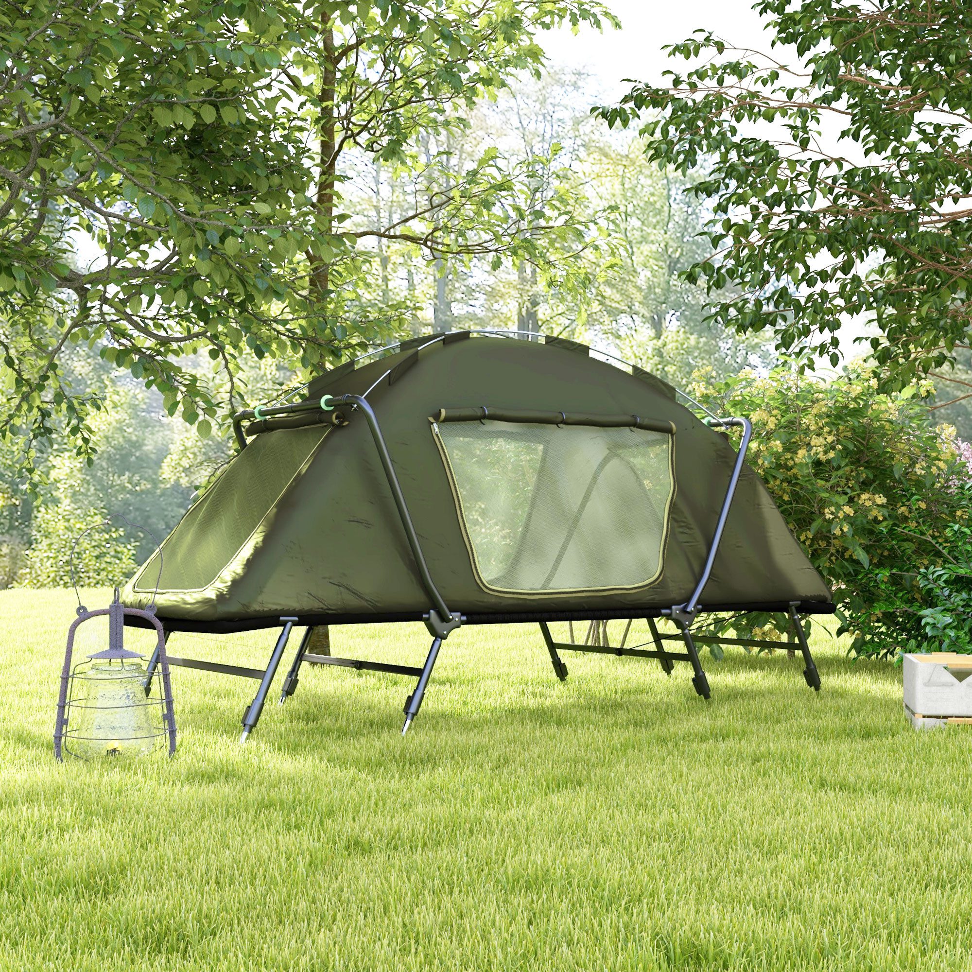 feldbett-mit-zelt-092jxb-1.jpg Outsunny Feldbett mit Zelt Campingbett erhöhtes Kuppelzelt inkl. Tragetasche (Klappbett, 1 St., Kuppelzelt) Grün Oxford 215 x 80 x 125 cm – Bild 1