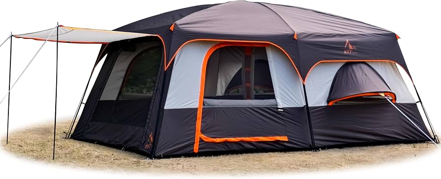 grosses-zelt-715xtu.jpg KTT Großes Zelt für 6 Personen, Familien Kabinenzelt, Regenzelt für Wetter, 2 Zimmer, 3 Türen und 3 Fenster mit Netz, gerade Wand, wasserdicht, ... – Bild 1