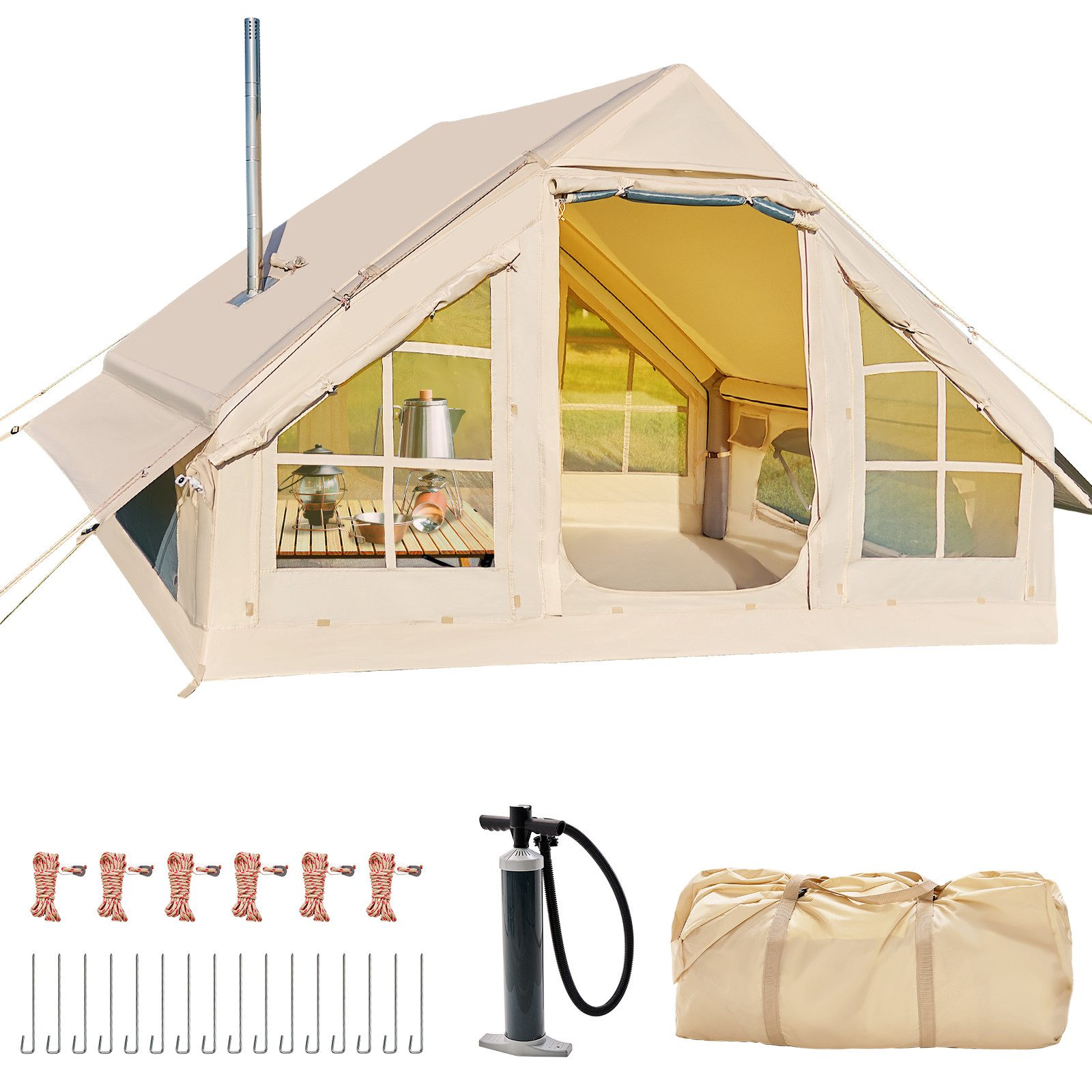 luftzelt-309zbm-1.jpg Meulbaty aufblasbares Zelt XXL Luftzelt mit 420D Oxford Stoff, Personen: 6, 6 Belüftungsfenster, Ofenanschluss, Inkl. Tragetasche – Bild 1