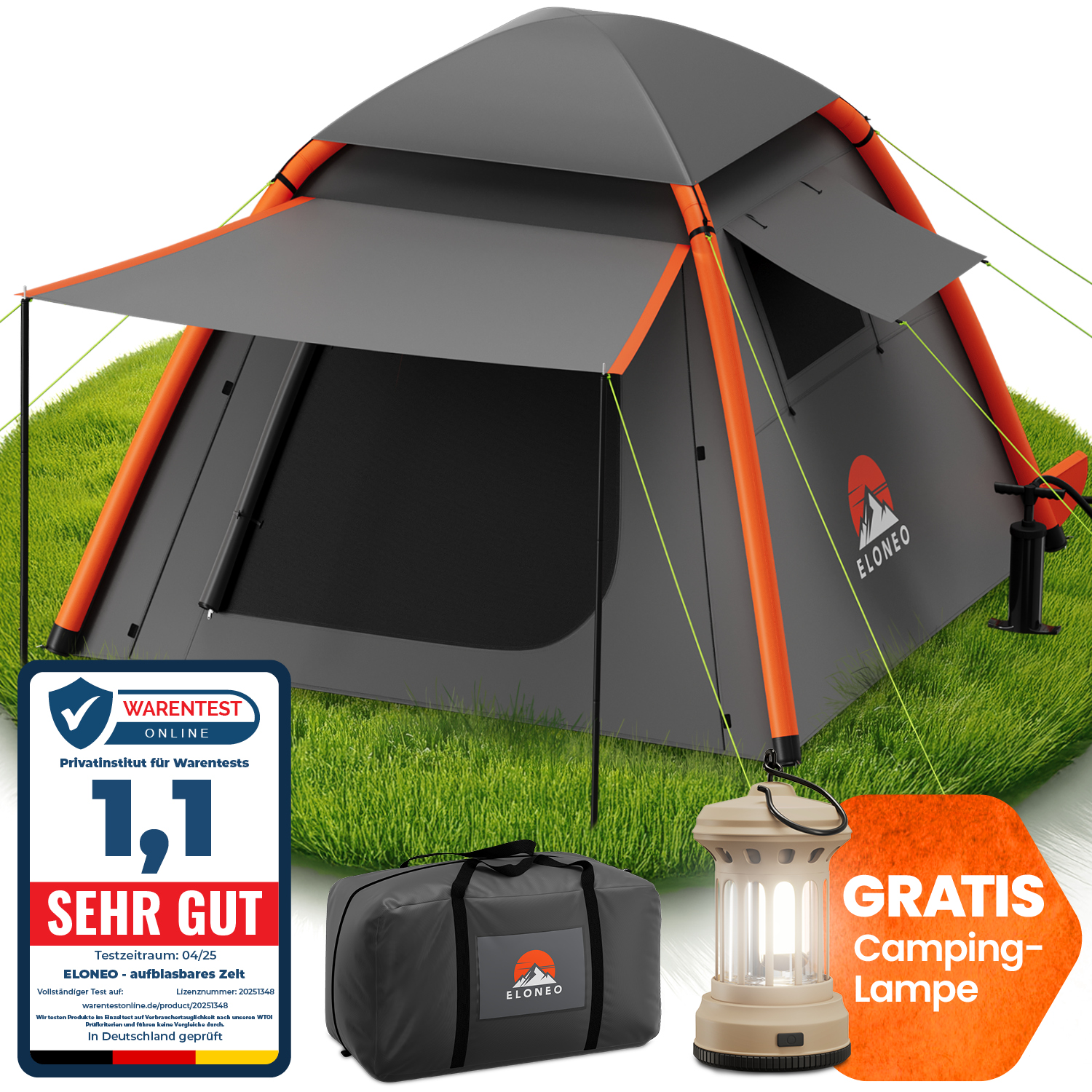 luftzelt-338fuk-1.jpg ELONEO Aufblasbares Camping Luftzelt 2 4 Personen Familienzelt mit Vordach, 250x250x190cm – Bild 1
