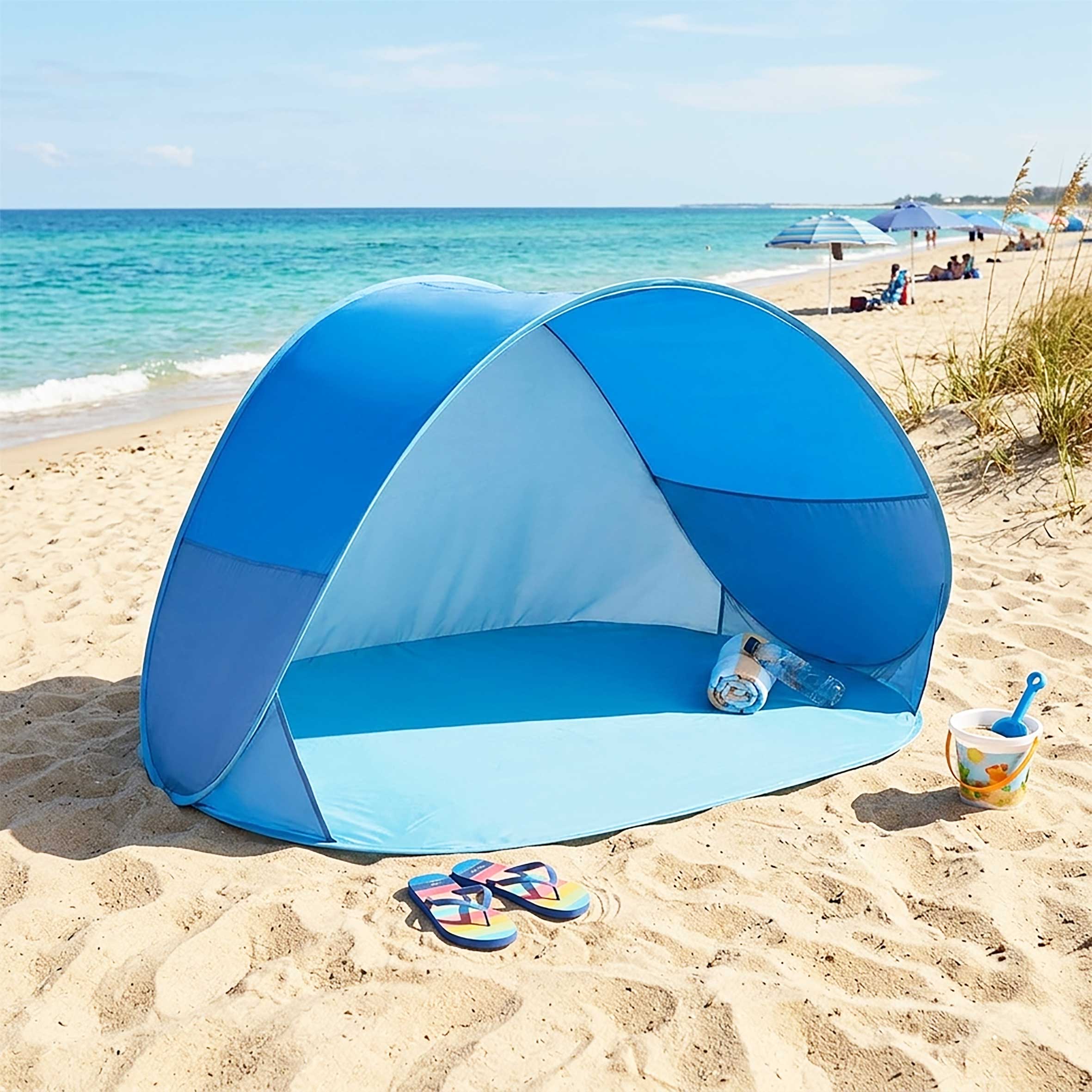 strandmuschel-184bdo-1.jpg Pop Up Strandmuschel blau mit Tragetasche 145 x 100 cm Strand Zelt selbstaufstellend mit UV 50+ Schutz – Bild 1
