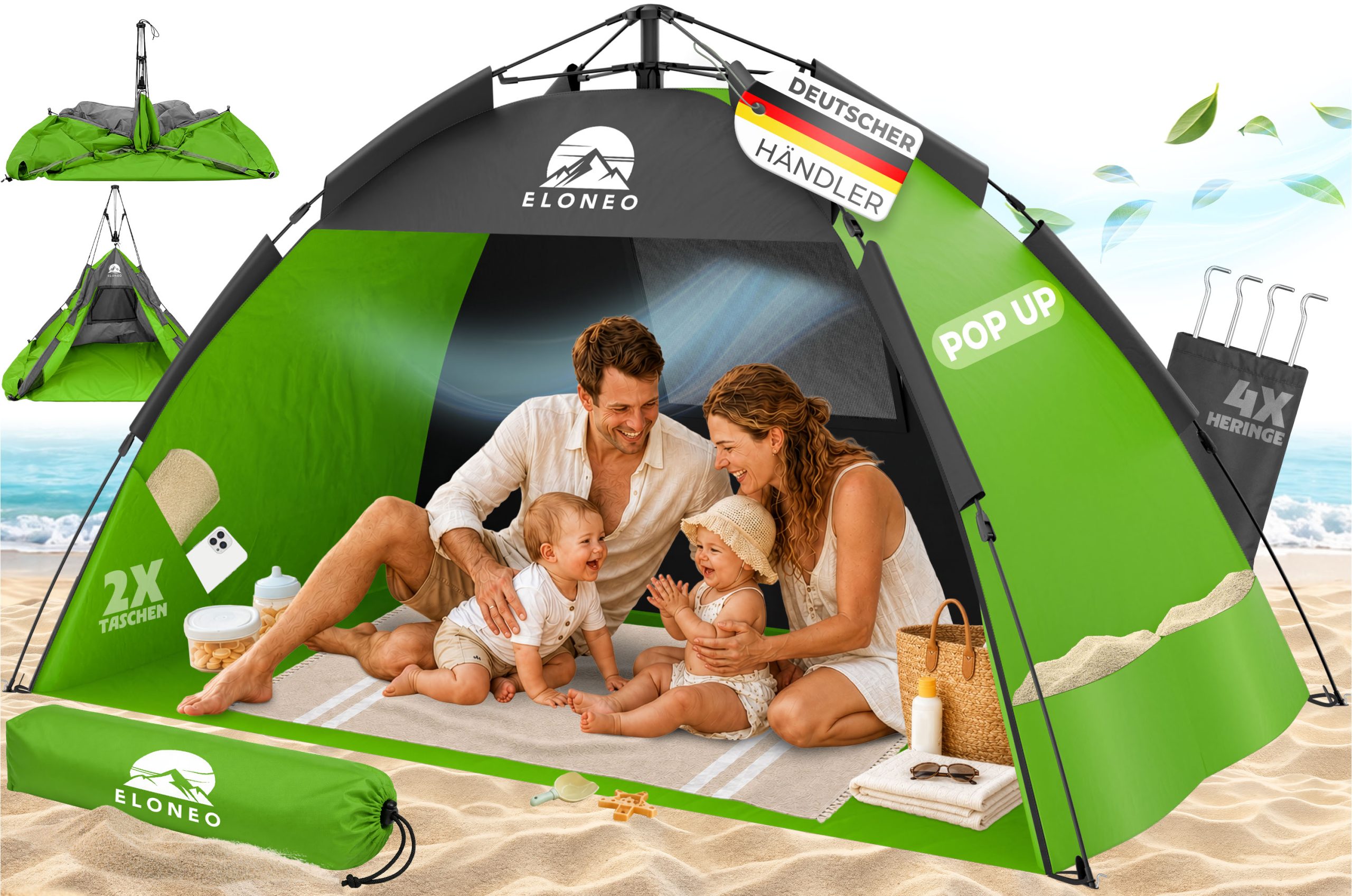 strandmuschel-324ltx-1.jpg ELONEO Pop Up Strandmuschel UV Schutz 80+, Leichter Aufbau und kleines Packmaß inkl. Tragetasche, Strand Sonnenschutz & Windschutz für Babys und ... – Bild 1