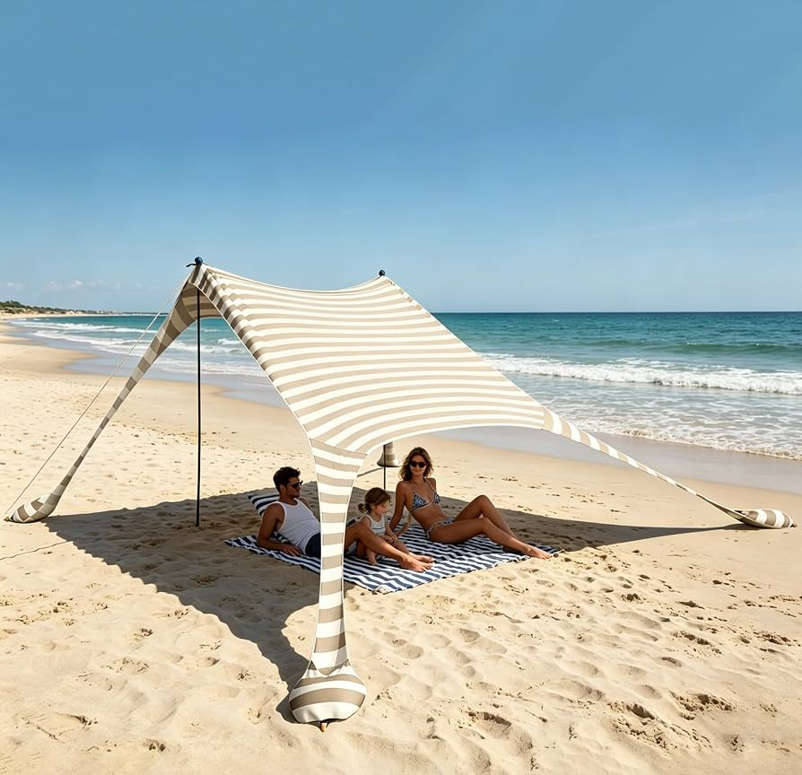 strandzelt-373gsy-1.jpg Cuupo Strandzelt 2x2.1 m Pop Up LSF 50 Sonnenschutz, Anti Wind Strandmuschel mit Eisen Stabilitätsstangen Sandsäcke Tragbarer Sonnenschutz Strand Hinterhof Camping Reise Koffertauglich Khaki Streifen : Amazon.de: Sport & Freizeit – Bild 1