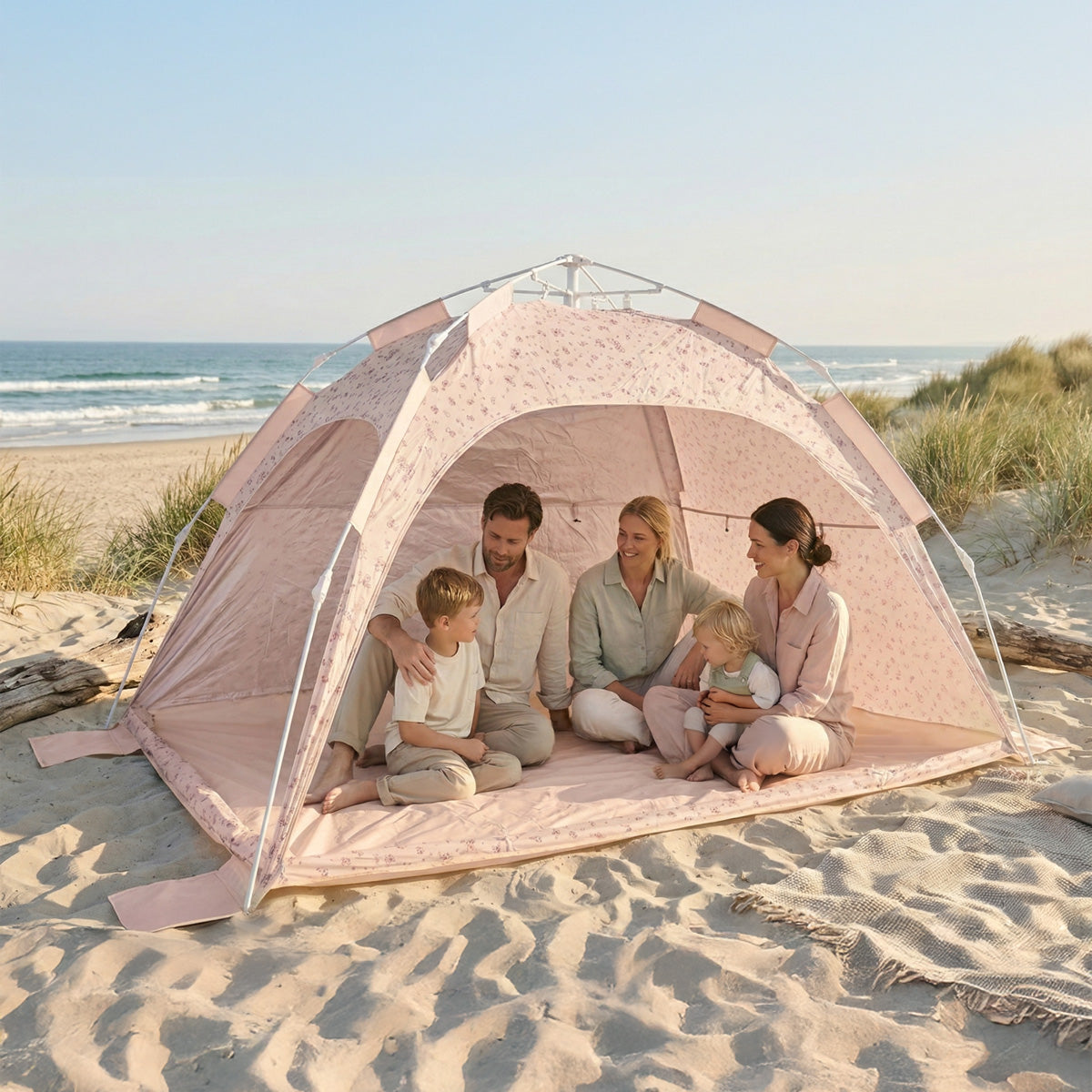 strandzelt-854jcv-1.jpg Strandzelt Dreamy Flowers – Strandmuschel mit Quick Up System, UV Schutz 80+ & Sichtschutz – Bild 1
