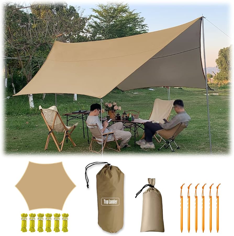 tarp-zelt-979wmt-1.jpg 4,5x4,5m Großes Camping Tarp Zelt Ultraleicht Wasserdicht Multifunktional Awning Hexagon Tarpaulin Shelter für Auto Bushcraft Hängematte Backpacking ... – Bild 1