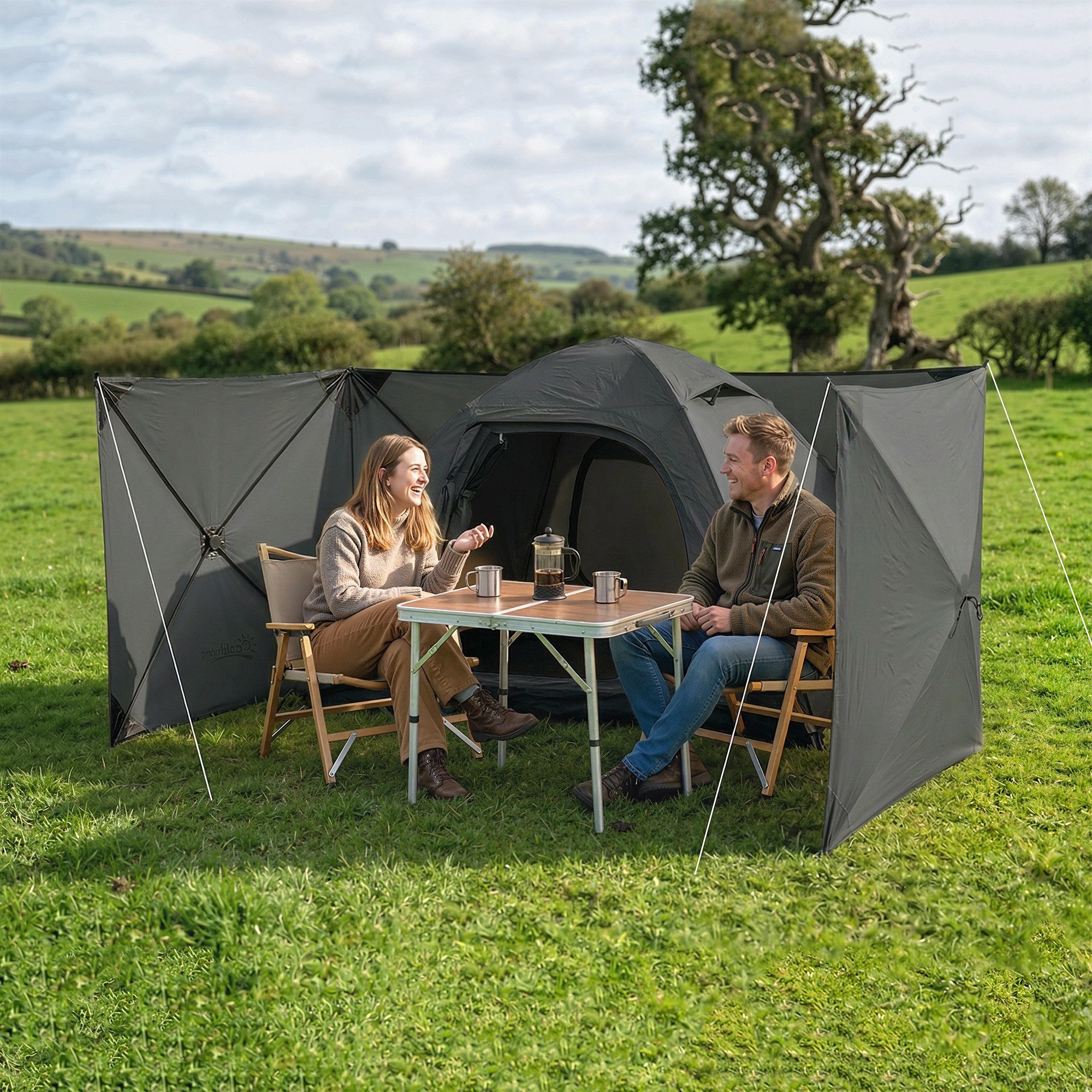windschutz-camping-301lxb-1.jpg Outsunny Windschutz Windfang Zaun mit Spannleinen, Bodenhaken, Personen: 0 (faltbar Camping Sichtschutz, 1 tlg., Strandschutz), für Camping Garten, Strand, Terrasse 480 x 120 cm, Dunkelgrau – Bild 1