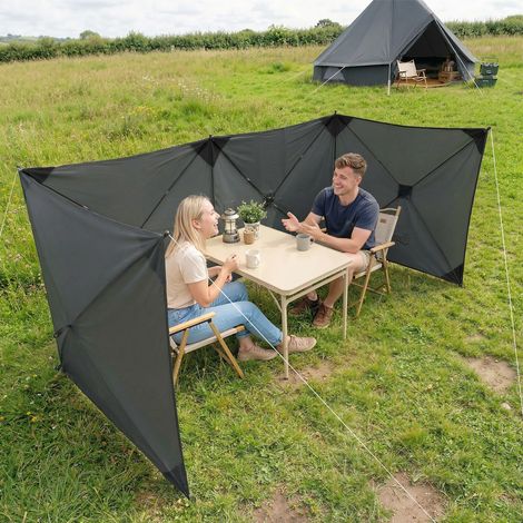 windschutz-camping-859ynh-1.jpg Windschutz faltbar Camping Sichtschutz mit Spannleinen Bodenhaken Tragetasche für Camping Garten 480 x 120 cm Dunkelgrau – Bild 1