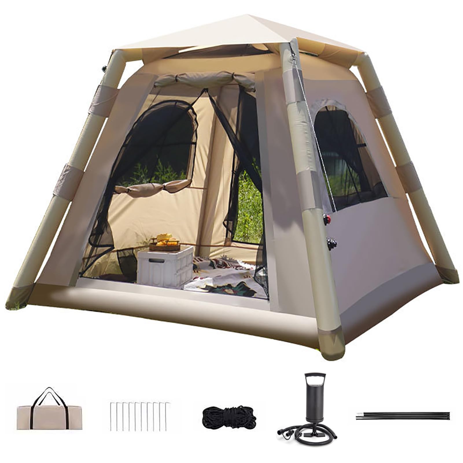zelte-4-personen-280eax-1.jpg Kabxhueo Aufblasbare Zelt mit Pumpe 4 Personen Zelte für Camping Campingzelt Glamping Zelte große Familie Kuppelzelt Wasserdicht mit 4 Mesh Fenster & Türen einfache Einrichtung für Wandern Backpacking : Amazon.de: Sport & Freizeit – Bild 1